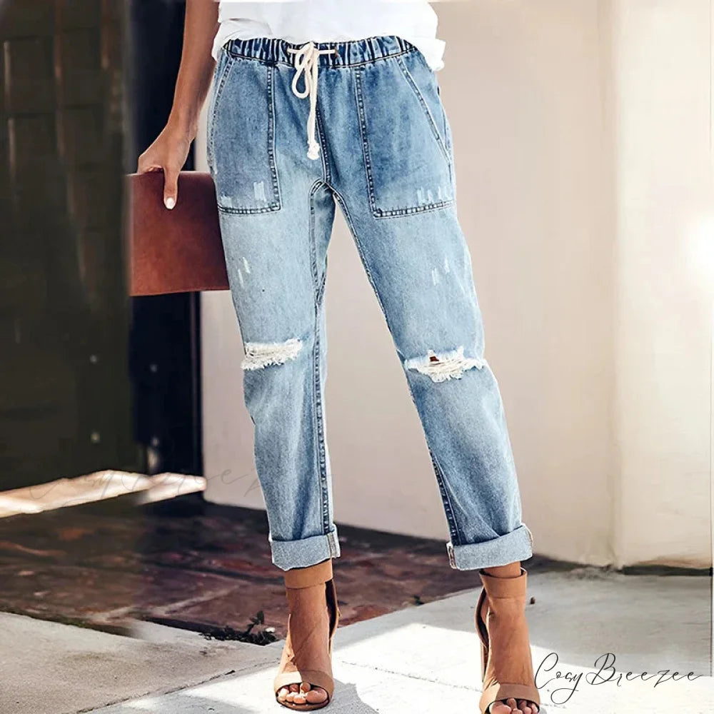 Women’s Streetwear Ripped Vintage Casual Fashion Drawstring Elastic Waist High Elastic Baggy Jean Light Blue / S