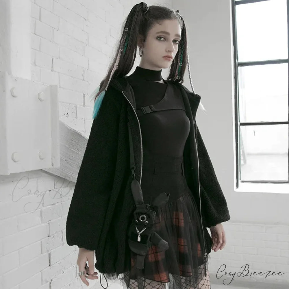 Women’s Style Mesh Stitched Plaid Warm High-waisted Fluffy Daily Thick Personality Mini Skirt