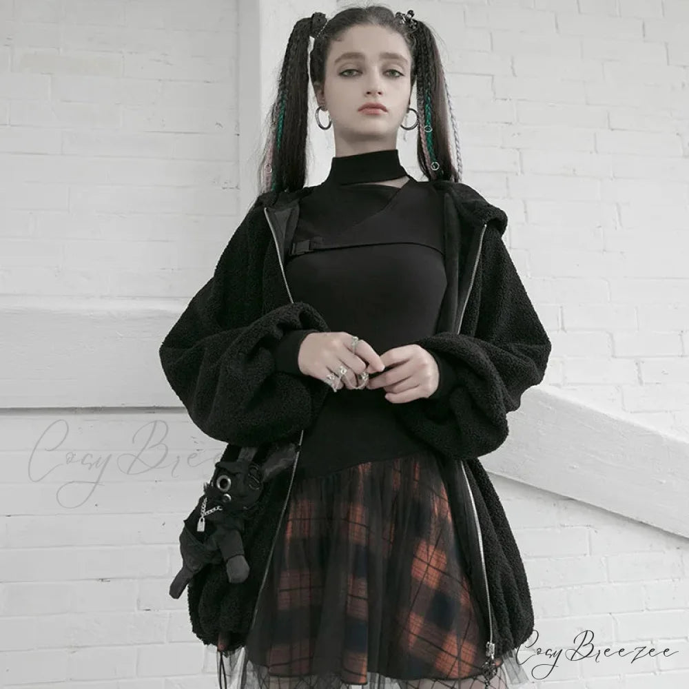 Women’s Style Mesh Stitched Plaid Warm High-waisted Fluffy Daily Thick Personality Mini Skirt BLACK / S