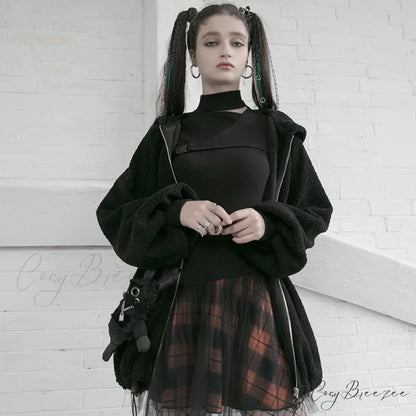 Women’s Style Mesh Stitched Plaid Warm High-waisted Fluffy Daily Thick Personality Mini Skirt BLACK / S
