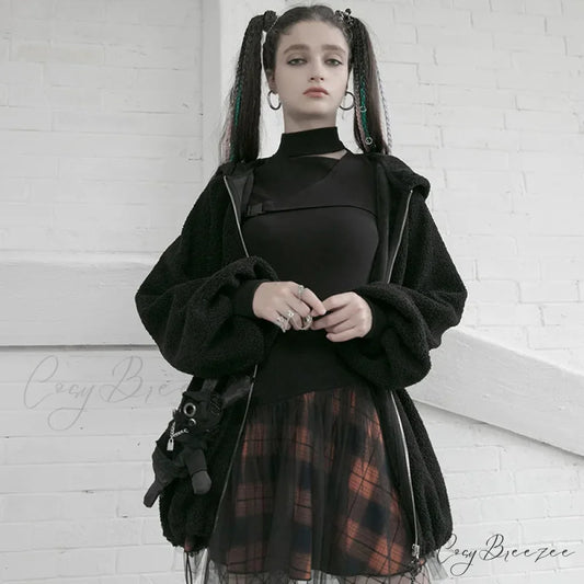 Women’s Style Mesh Stitched Plaid Warm High-waisted Fluffy Daily Thick Personality Mini Skirt BLACK / S