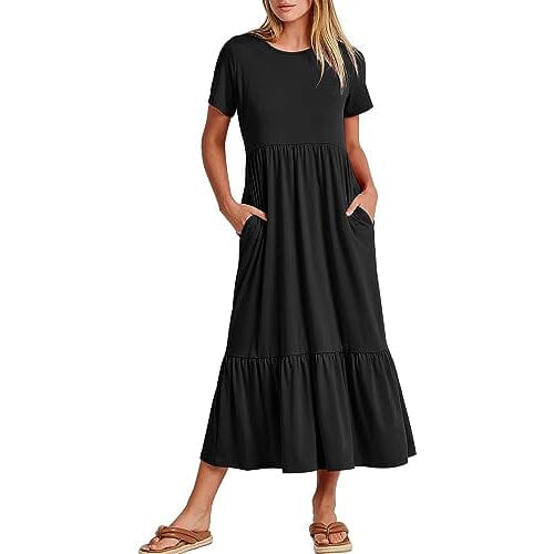 Summer Casual Short Sleeve Crewneck Swing Dress for Women