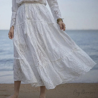Women’s Summer Cotton Full Lace Midi Skirt A-line Boho Vacation skirt-250126