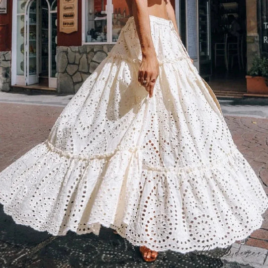 Women’s Summer Cotton Full Lace Midi Skirt A-line Boho Vacation WHITE / S skirt-250126