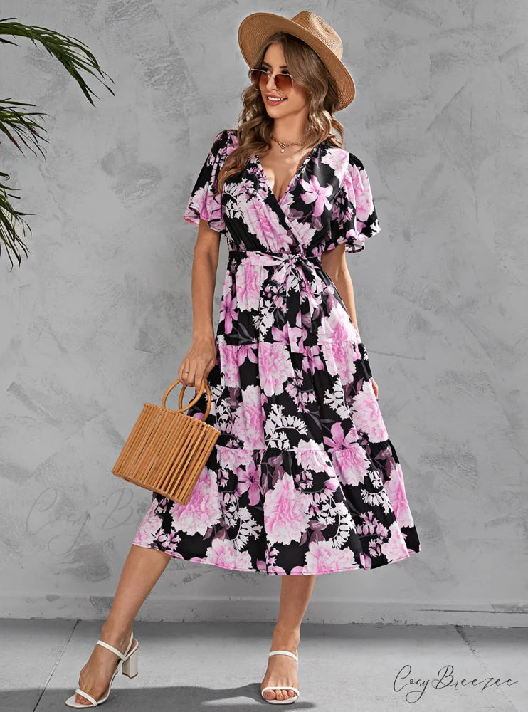 Women’s Summer Floral V-Neck Short Sleeve Dress with Belt - Chiffon Mid-Length Boho Beach Sundress L / BLACK