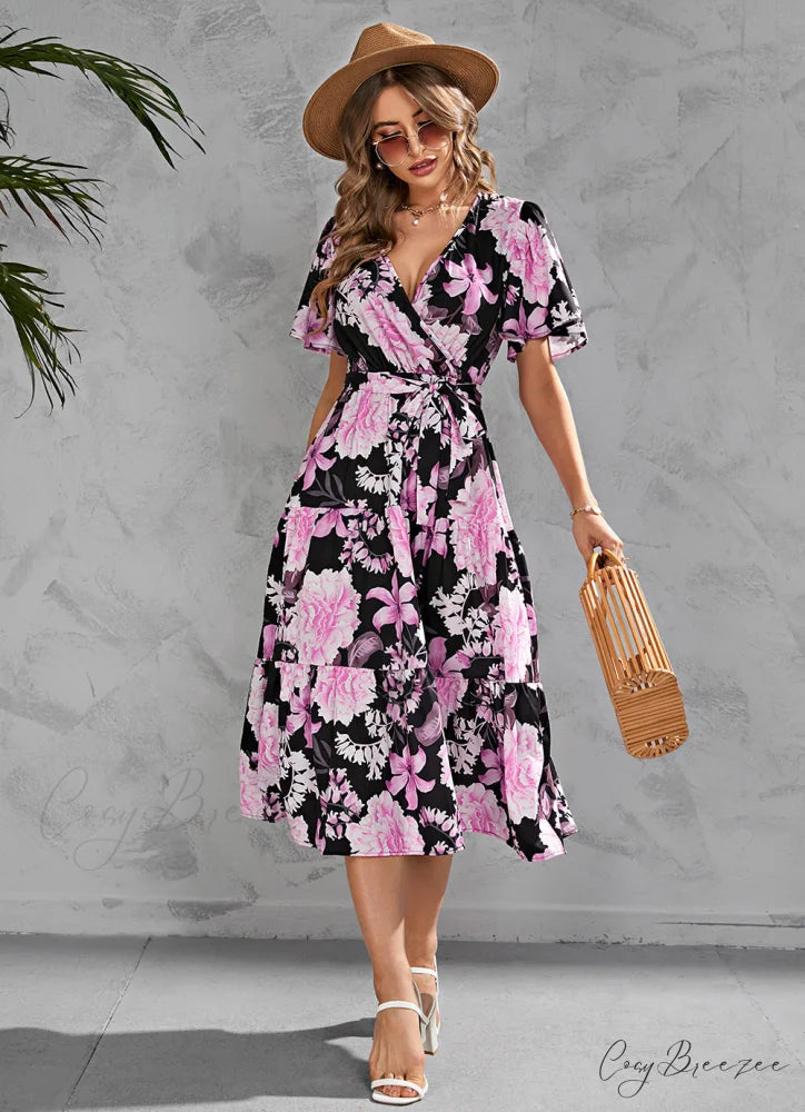 Women’s Summer Floral V-Neck Short Sleeve Dress with Belt - Chiffon Mid-Length Boho Beach Sundress L / YELLOW