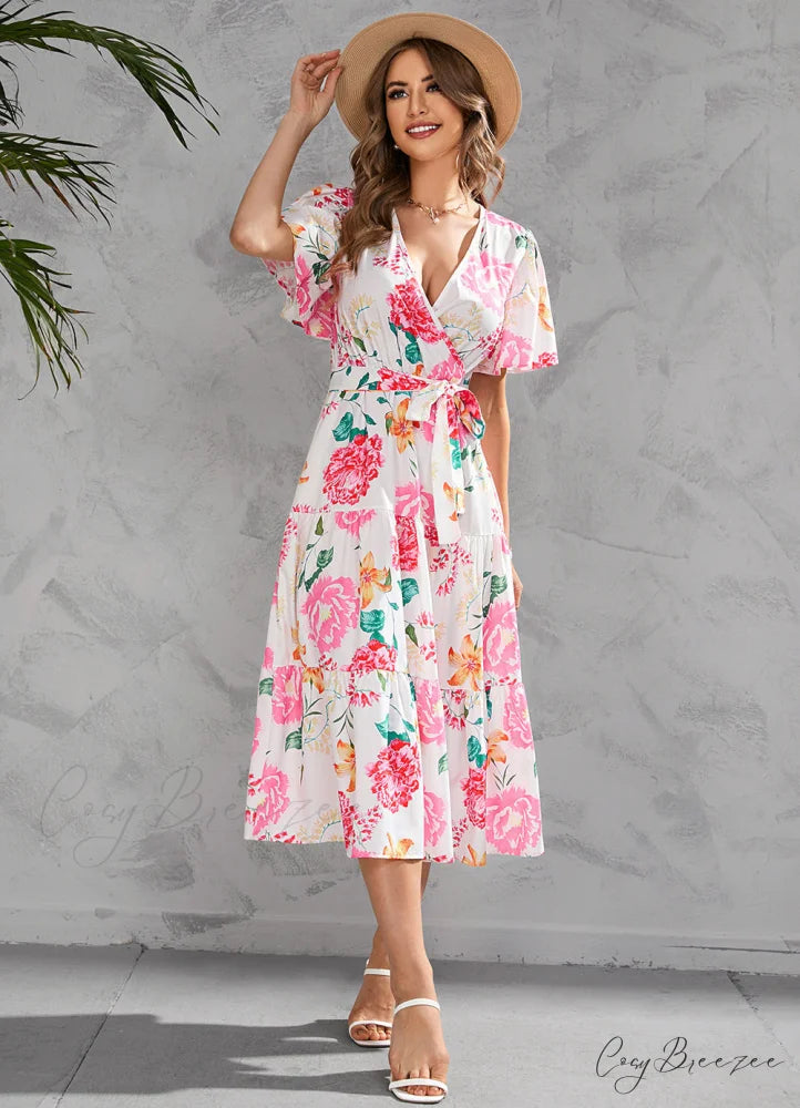 Women’s Summer Floral V-Neck Short Sleeve Dress with Belt - Chiffon Mid-Length Boho Beach Sundress M / WHITE