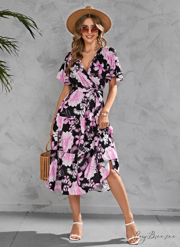 Women’s Summer Floral V-Neck Short Sleeve Dress with Belt - Chiffon Mid-Length Boho Beach Sundress M / YELLOW