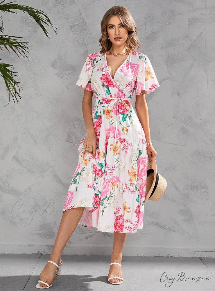 Women’s Summer Floral V-Neck Short Sleeve Dress with Belt - Chiffon Mid-Length Boho Beach Sundress S / BLACK