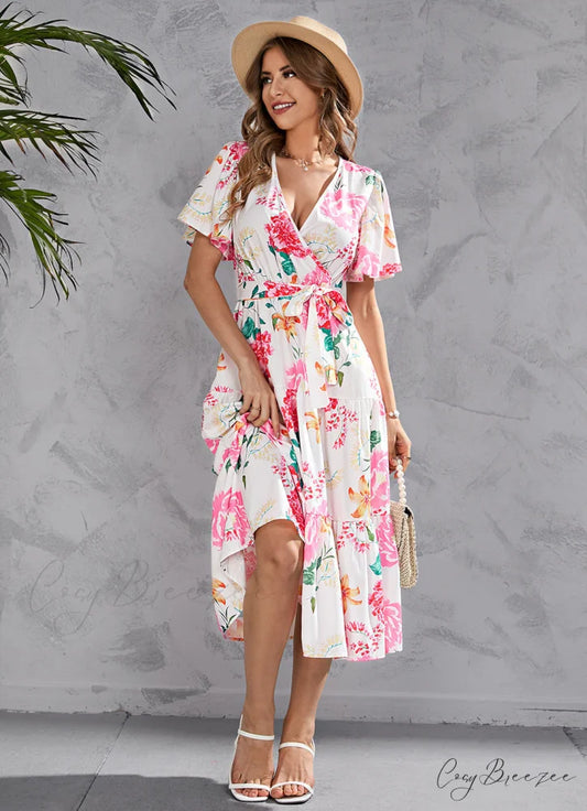 Women’s Summer Floral V-Neck Short Sleeve Dress with Belt - Chiffon Mid-Length Boho Beach Sundress S / WHITE