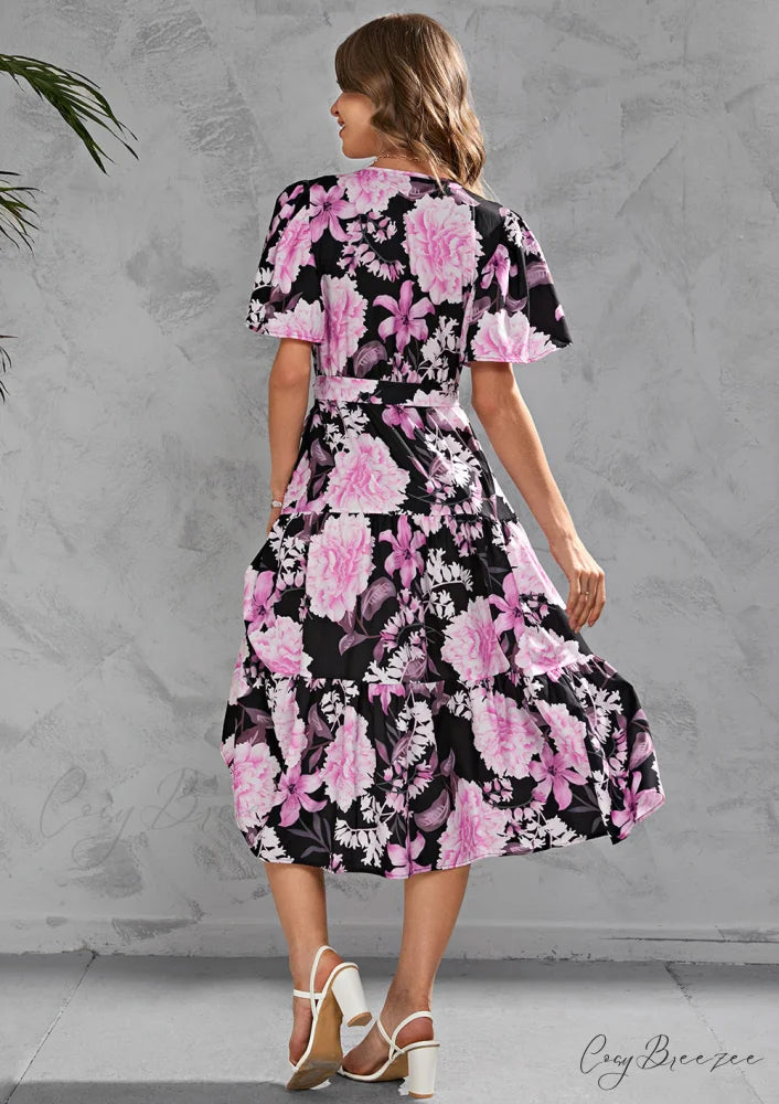 Women’s Summer Floral V-Neck Short Sleeve Dress with Belt - Chiffon Mid-Length Boho Beach Sundress XL / WHITE