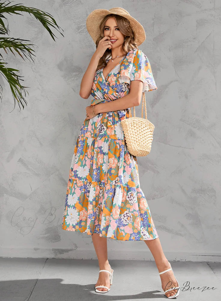 Women’s Summer Floral V-Neck Short Sleeve Dress with Belt - Chiffon Mid-Length Boho Beach Sundress XL / YELLOW