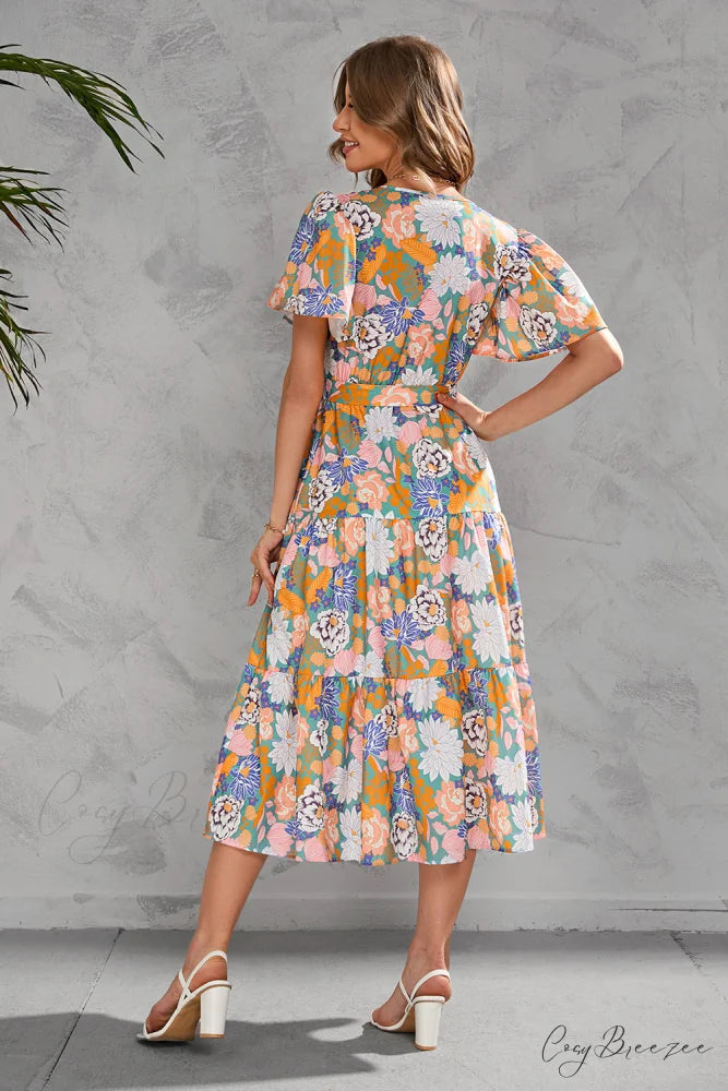 Women’s Summer Floral V-Neck Short Sleeve Dress with Belt - Chiffon Mid-Length Boho Beach Sundress XXL / BLACK