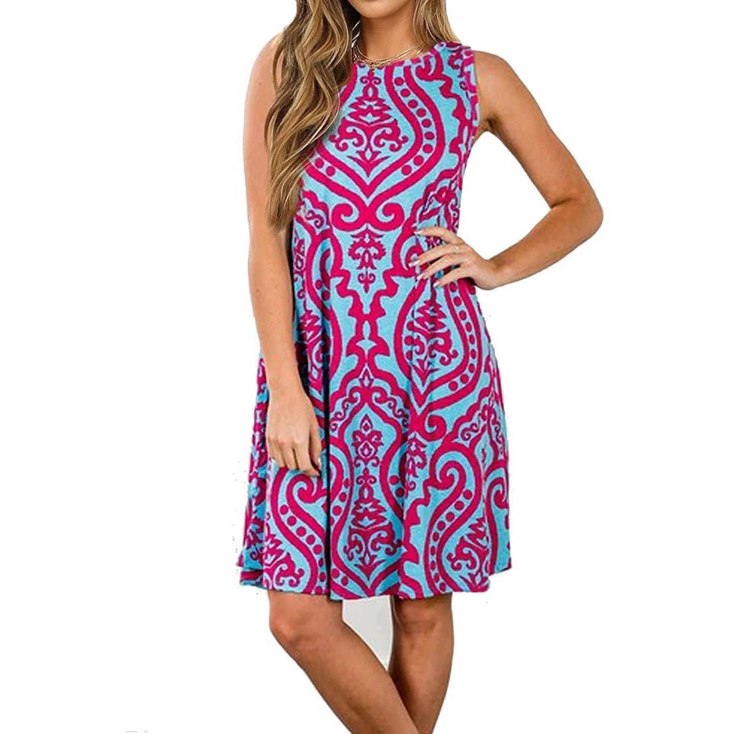 Summer Sleeveless Damask Print Pocket Loose T-Shirt Cover Up Dress for Women