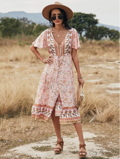 Women’s Summer V Neck Short Sleeve Printed Dress