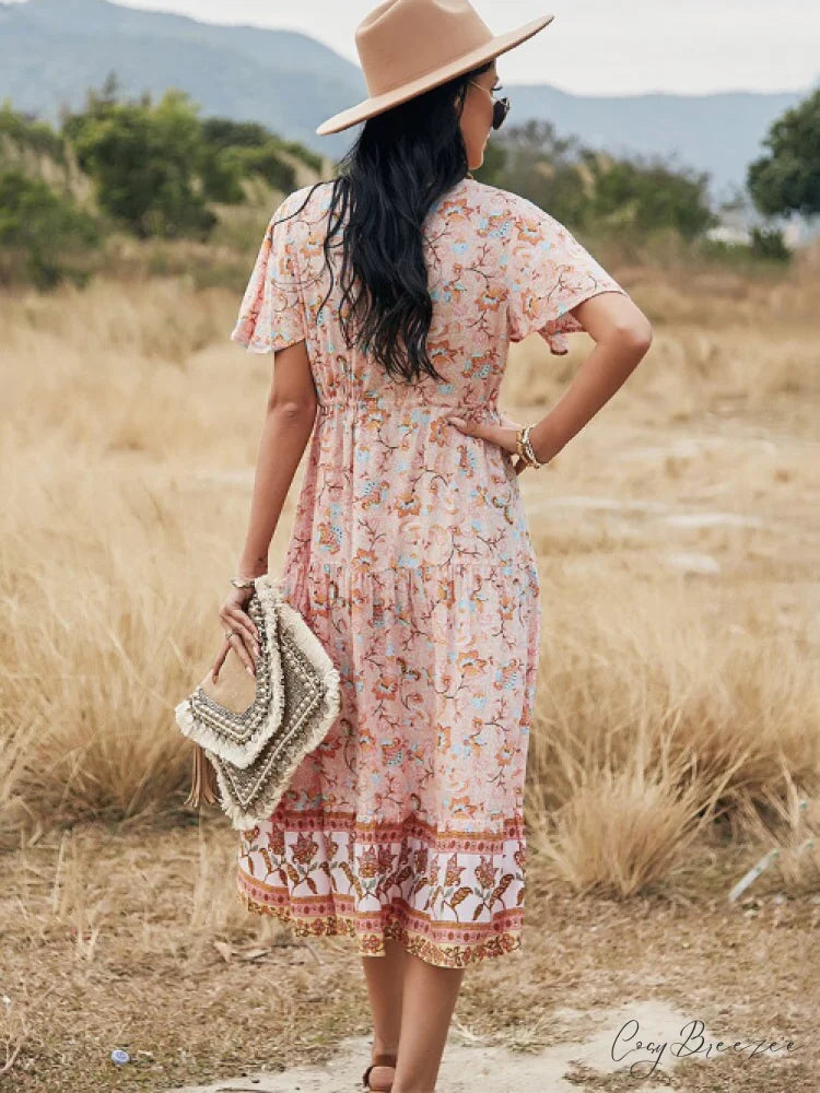Women’s Summer V Neck Short Sleeve Printed Dress