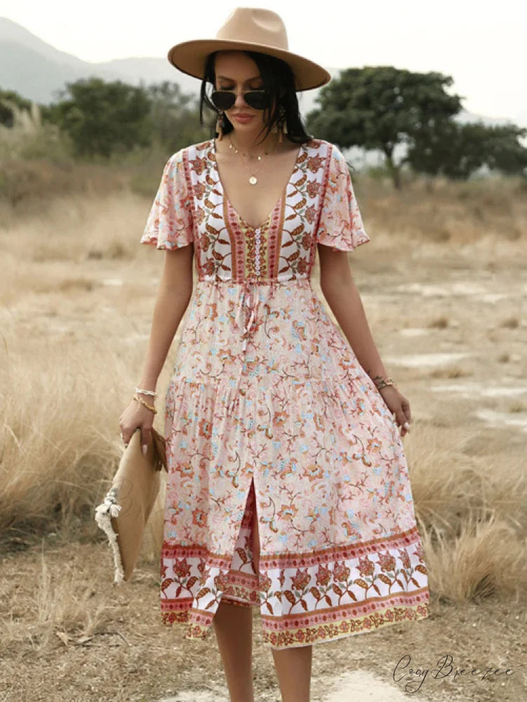 Women’s Summer V Neck Short Sleeve Printed Dress