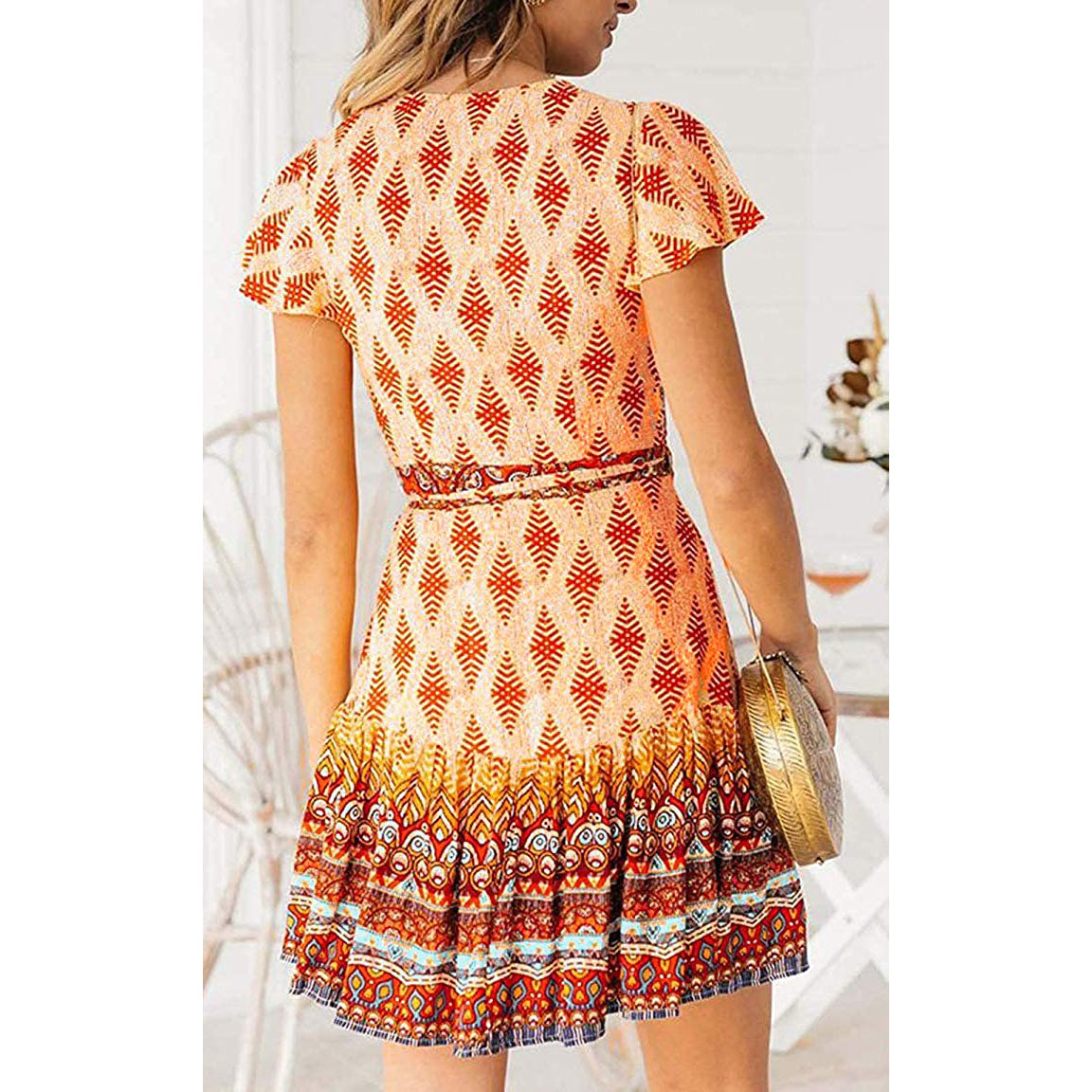 Summer Wrap V Neck Bohemian Floral Print Mini Dress for Women