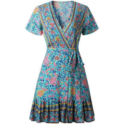 Summer Wrap V Neck Bohemian Floral Print Mini Dress for Women