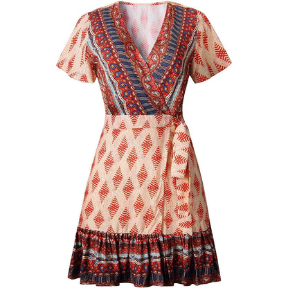 Summer Wrap V Neck Bohemian Floral Print Mini Dress for Women