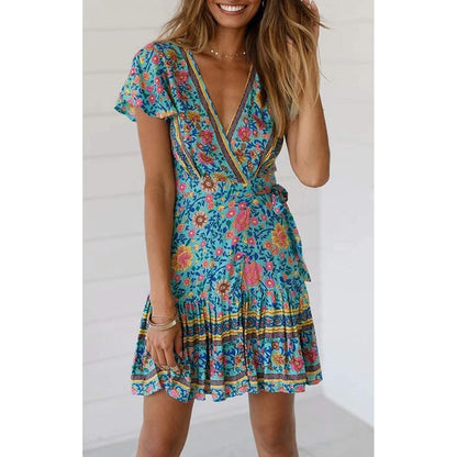 Summer Wrap V Neck Bohemian Floral Print Mini Dress for Women