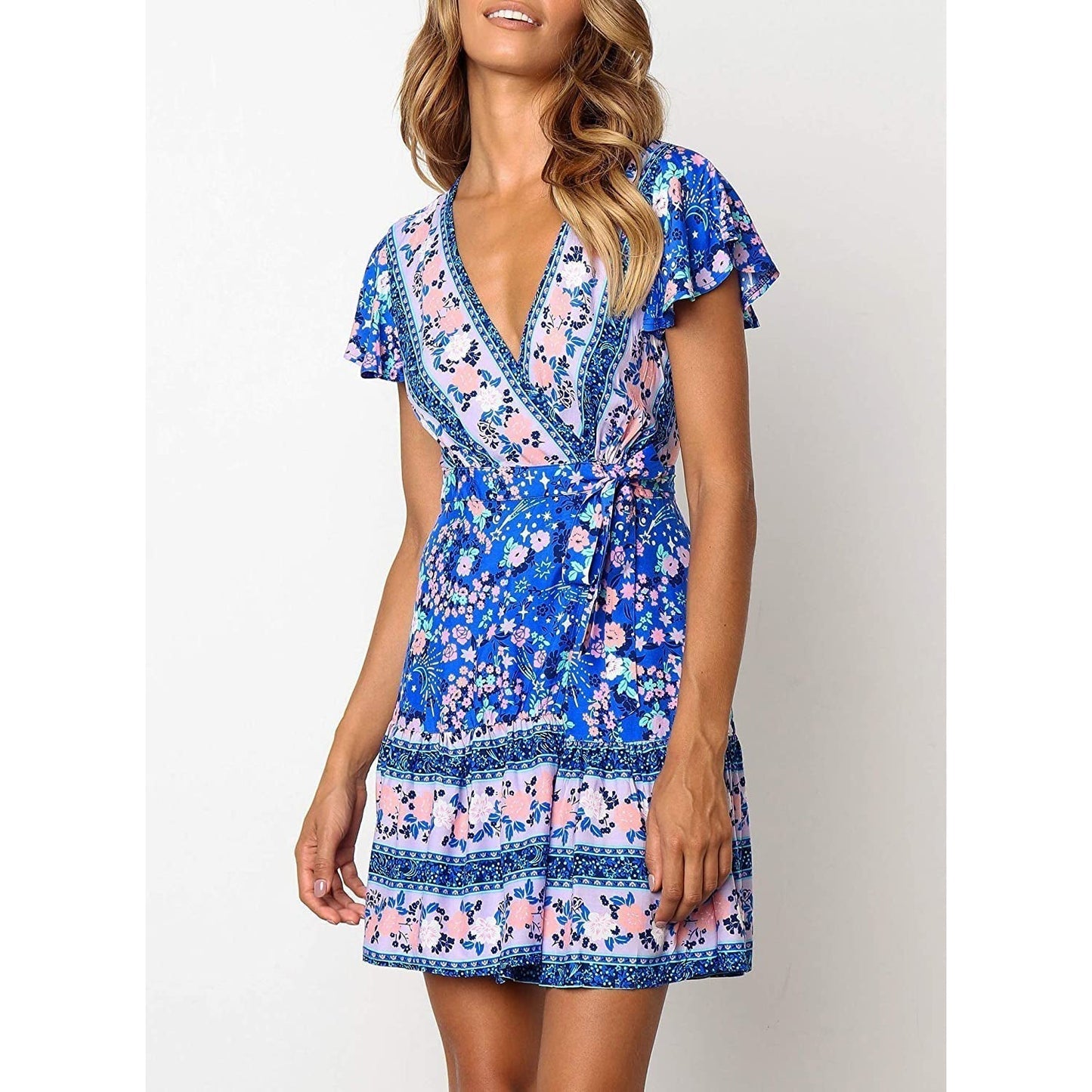 Summer Wrap V Neck Bohemian Floral Print Mini Dress for Women