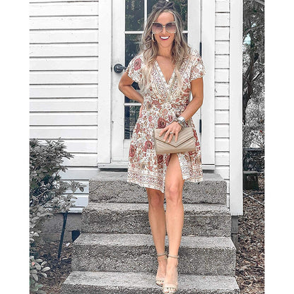 Summer Wrap V Neck Bohemian Floral Print Mini Dress for Women