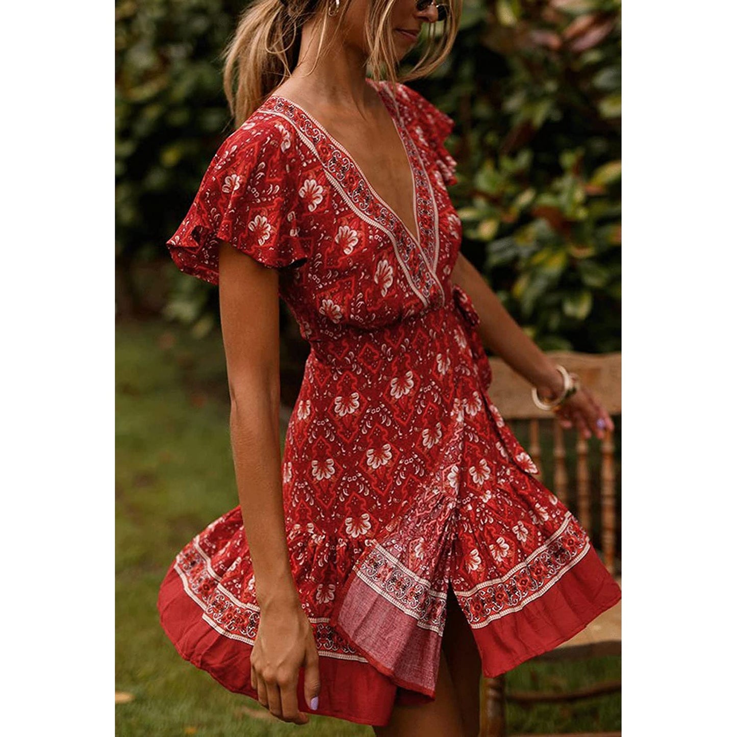 Summer Wrap V Neck Bohemian Floral Print Mini Dress for Women