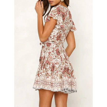 Summer Wrap V Neck Bohemian Floral Print Mini Dress for Women