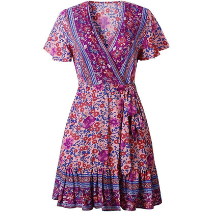 Summer Wrap V Neck Bohemian Floral Print Mini Dress for Women