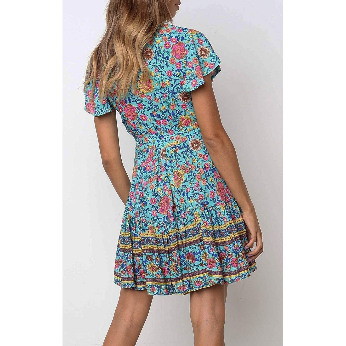 Summer Wrap V Neck Bohemian Floral Print Mini Dress for Women