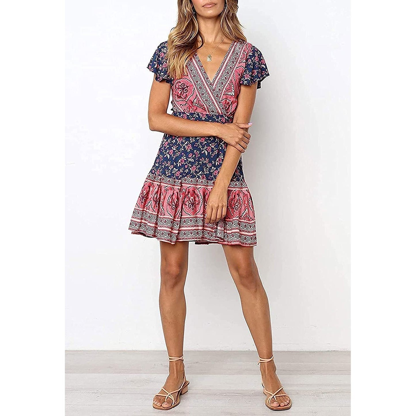 Summer Wrap V Neck Bohemian Floral Print Mini Dress for Women