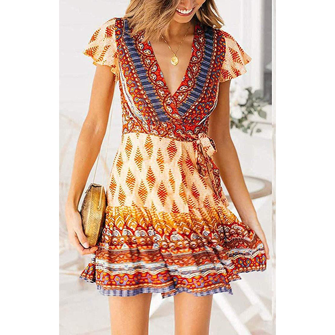 Summer Wrap V Neck Bohemian Floral Print Mini Dress for Women