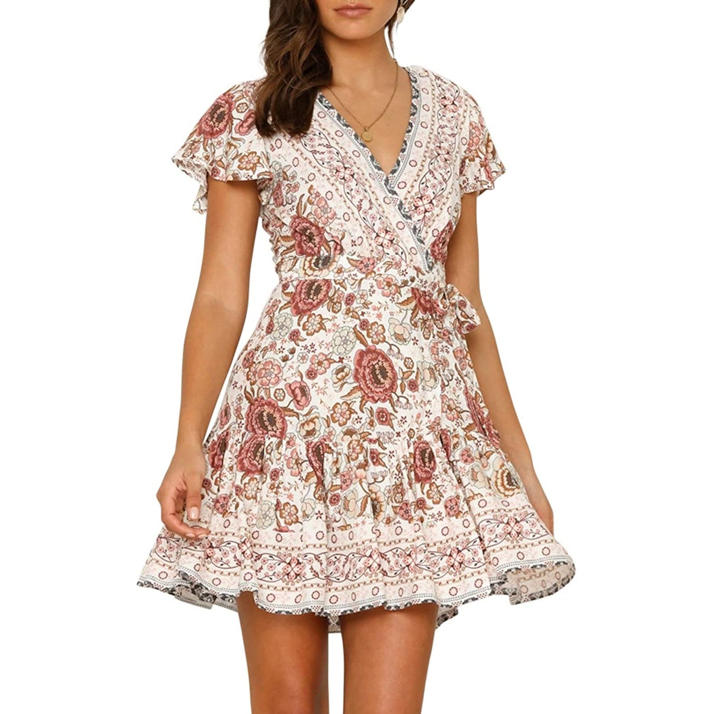 Summer Wrap V Neck Bohemian Floral Print Mini Dress for Women