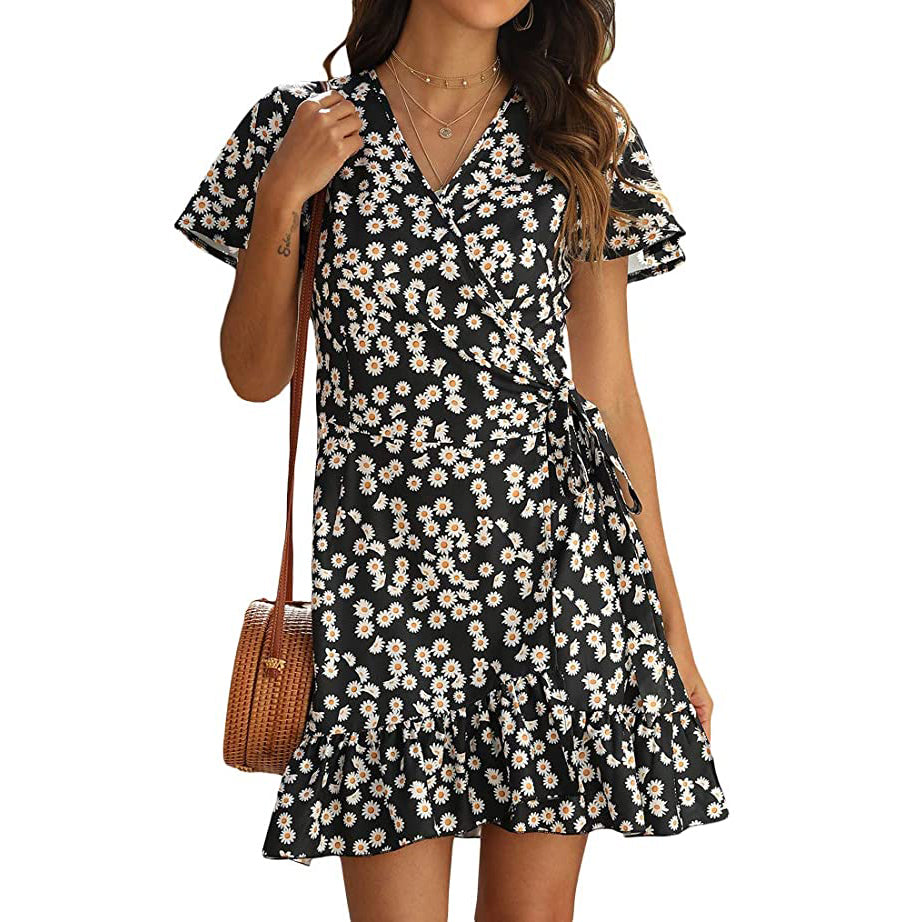 Summer Wrap V Neck Polka Dot Dress for Women