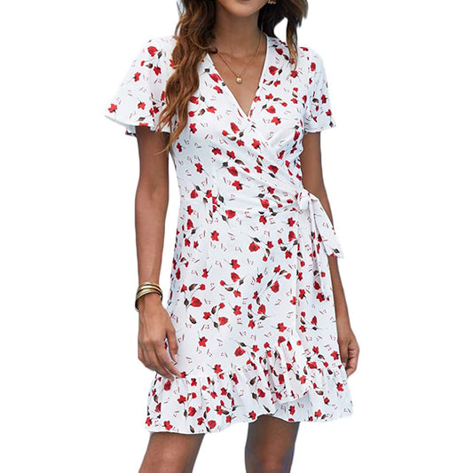 Summer Wrap V Neck Polka Dot Dress for Women