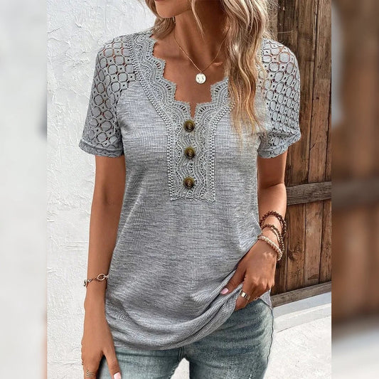 Women's T-Shirt Plain Lace Button Short Sleeve Gray clothes refund_fee:1200 tops