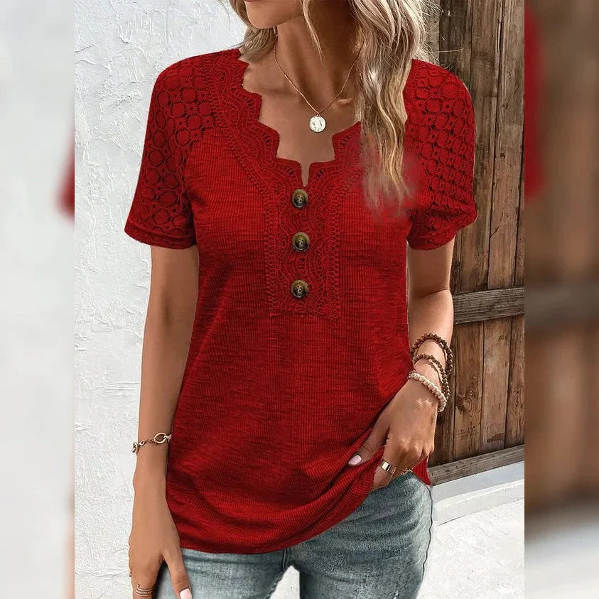 Women's T-Shirt Plain Lace Button Short Sleeve Red clothes refund_fee:1200 tops