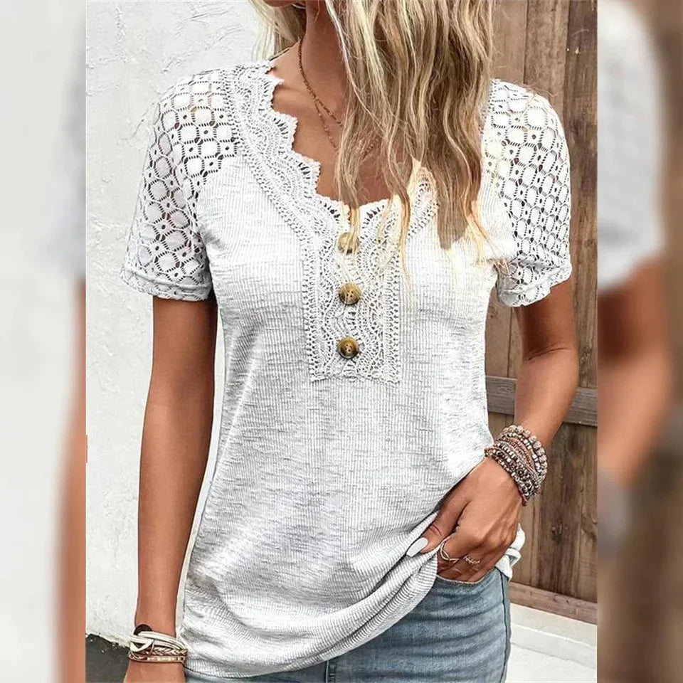 Women's T-Shirt Plain Lace Button Short Sleeve White clothes refund_fee:1200 tops