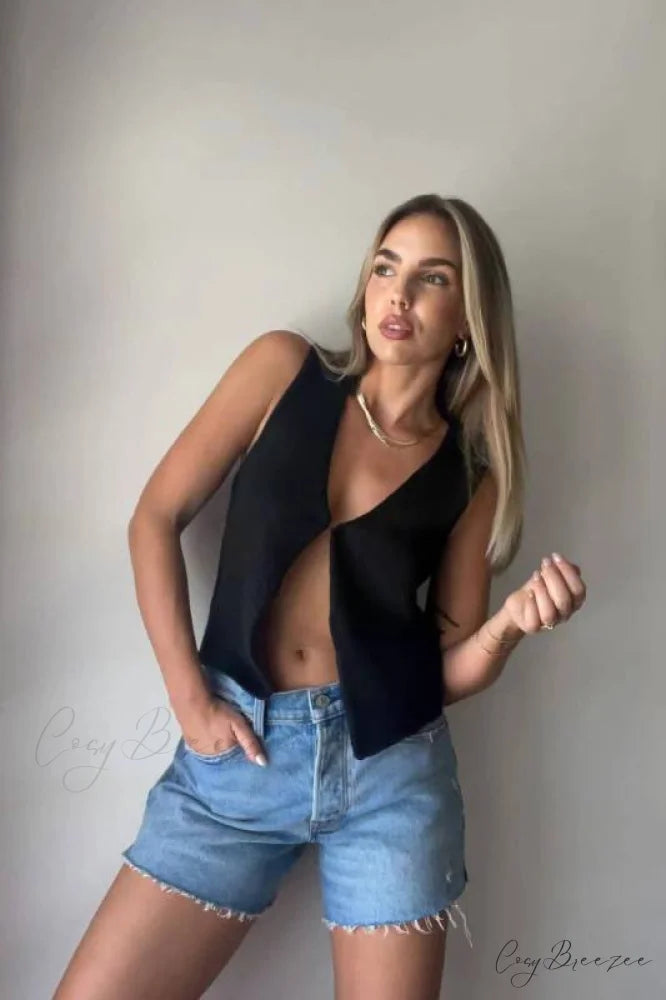 Women’s Top Deep V Sleeveless Knitted Cardigan Black / S