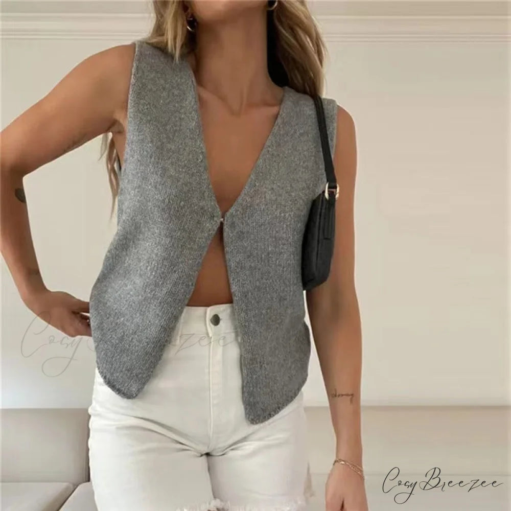 Women’s Top Deep V Sleeveless Knitted Cardigan Grey / S