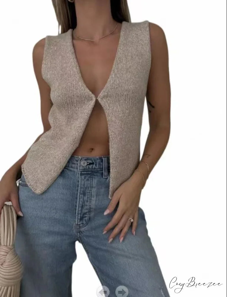 Women’s Top Deep V Sleeveless Knitted Cardigan Khaki / S