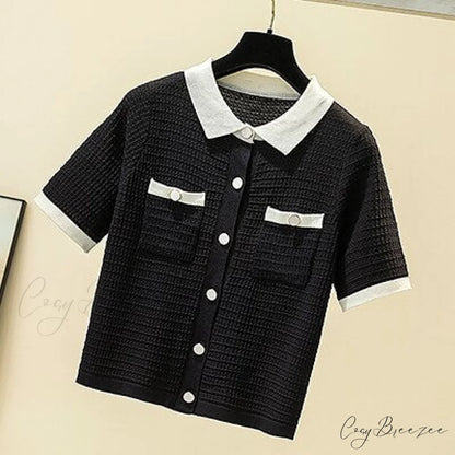 Women’s Tops Button Knitted Brief Warm-Season Arm Blouse Cardigan Tee Femme black / One Size