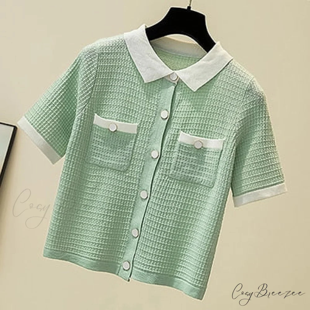 Women’s Tops Button Knitted Brief Warm-Season Arm Blouse Cardigan Tee Femme green / One Size