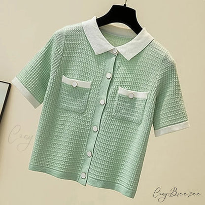 Women’s Tops Button Knitted Brief Warm-Season Arm Blouse Cardigan Tee Femme green / One Size