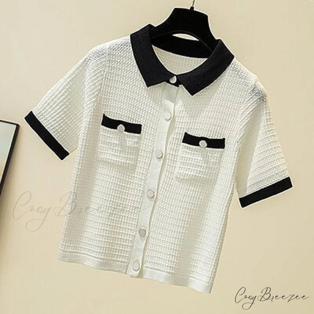 Women’s Tops Button Knitted Brief Warm-Season Arm Blouse Cardigan Tee Femme white / One Size