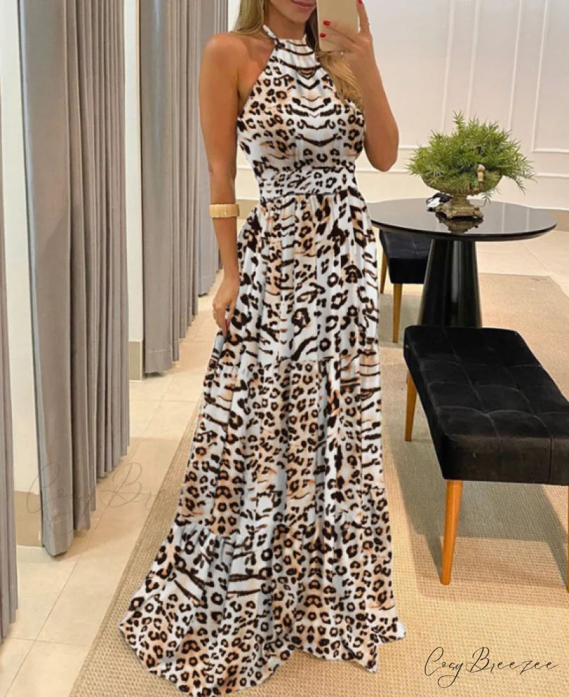 Women’s Tropical Halter Backless Maxi Dress - Sleeveless Beach Dress S / Leopard Print