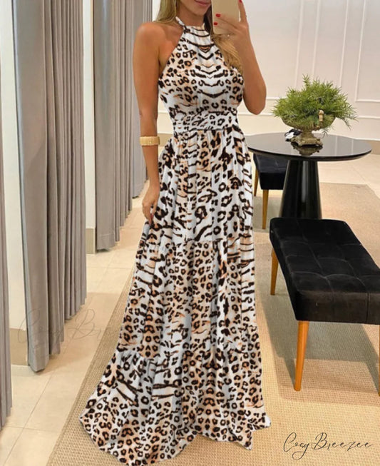 Women’s Tropical Halter Backless Maxi Dress - Sleeveless Beach Dress S / Leopard Print