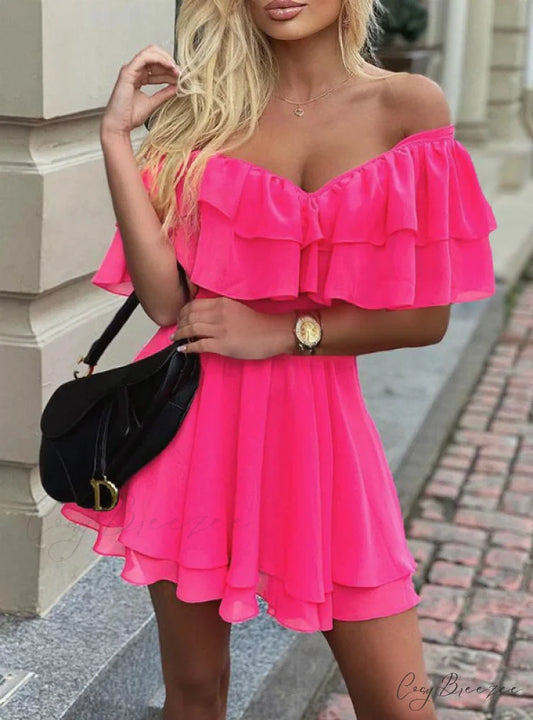 Women’s V-Neck Off Shoulder Ruffle Fit Flare Dress S / FUCHSIA