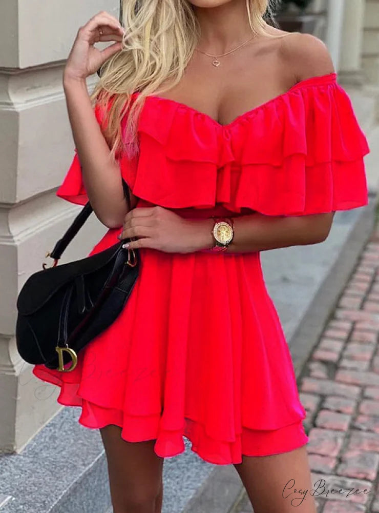Women’s V-Neck Off Shoulder Ruffle Fit Flare Dress S / RED